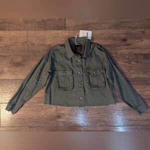 Bohme Black Label Womens Olive Green Denim Crop Jacket Size S Ragged Hemline NWT